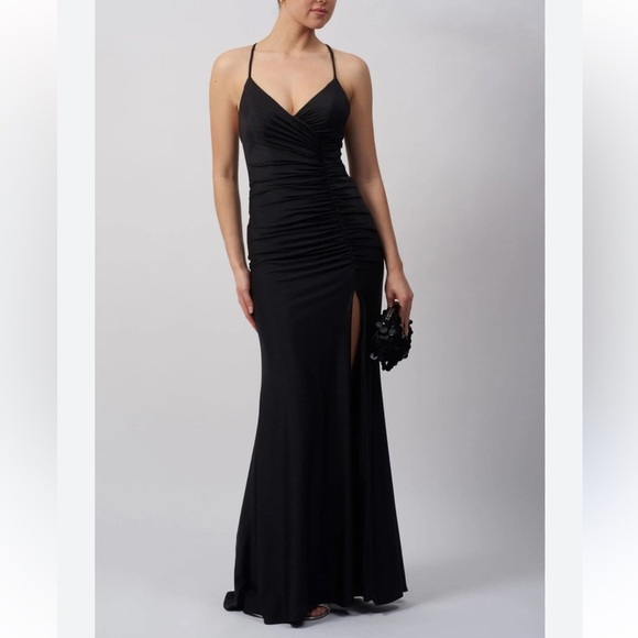 NWT Rachel Pally Black Sleeveless Halter Ruched Bodycon Side Slit Maxi Dress - Picture 1 of 11